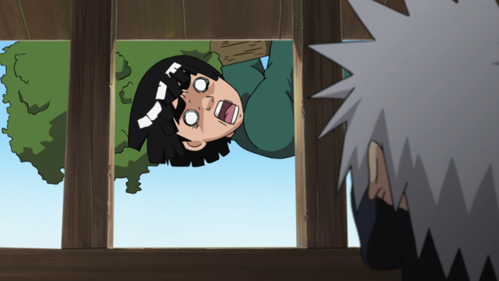 Image issue de Naruto où Gai regarde avec un air choqué le pénis de Kakashi pendant que celui-ci est au toilette