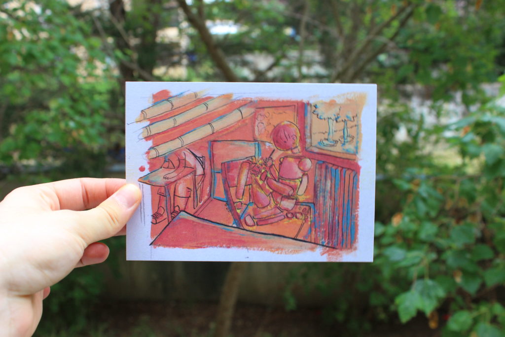 Peinture d'un personnage en train d'écrire sur ses genoux sur une chaise dans une salle de classe. La peinture est dans des tons de rouges, rose, jaunes et bleus. Le personnage est disloqué à chaque articulation comme un pantin.