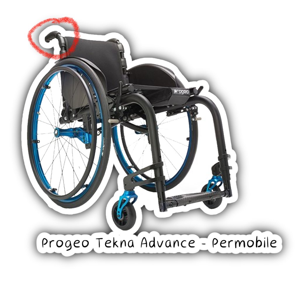 Fauteuil Progeo Tekna Advance par Permobile. C'est un fauteuil actif avec des poignées en haut du dossier.