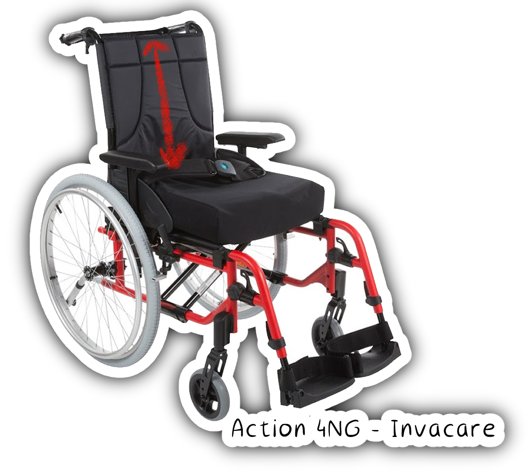 Fauteuil Action 4NG par Invacare. C'est un fauteuil de transfert avec un très haut dossier.