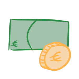 Dessin digital d’une pièce dorée et d’un billet vert, les deux avec un symbole euro dessus.