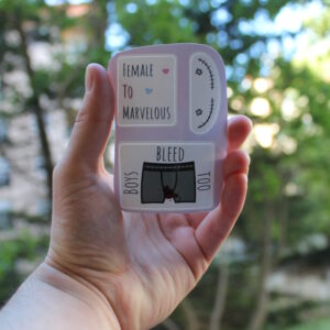 Photo d'un lot de trois petits stickers. L'un dit "Female to Marvelous" en bleu et rose, l'un est un boxer gris taché de sang avec le texte "Boys bleed too", et l'un est un dessin de cicatrices de mammectomie.