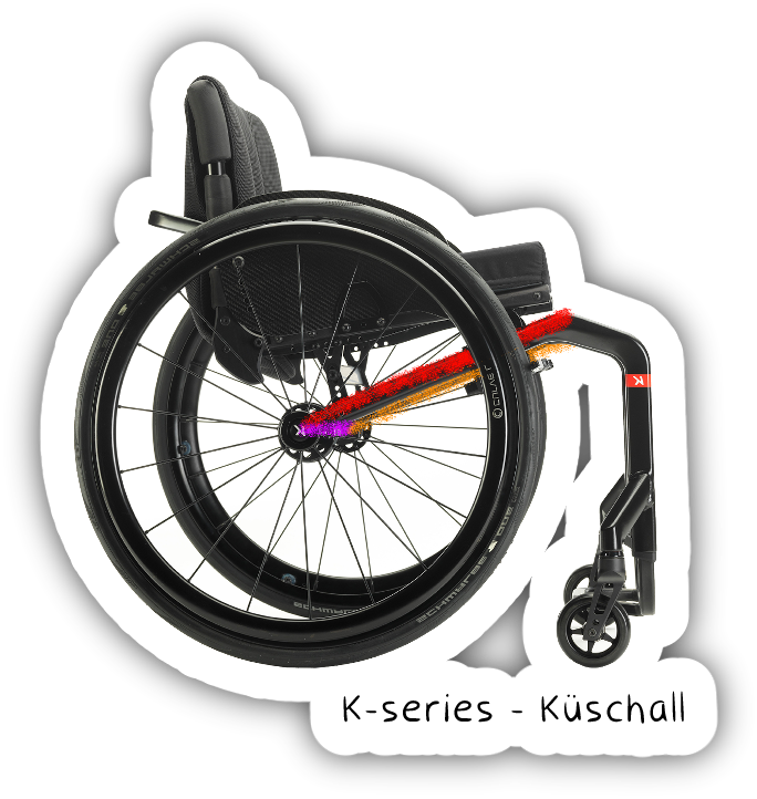 Photo du K-series de Küschall, un fauteuil rigide avec les trois tubes dont je parle surlignés en couleur.