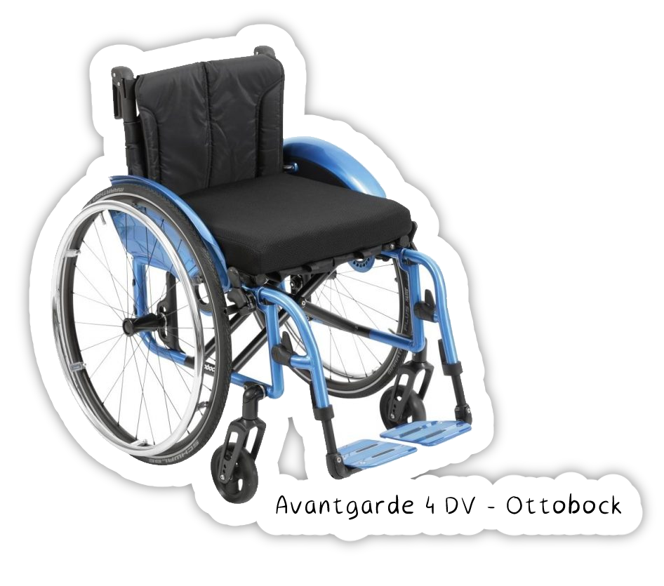Photo du Avantgarde 4 DV de Ottobock, un fauteuil pliable avec un croix. Le repose pied est composé deux deux plaques séparées.